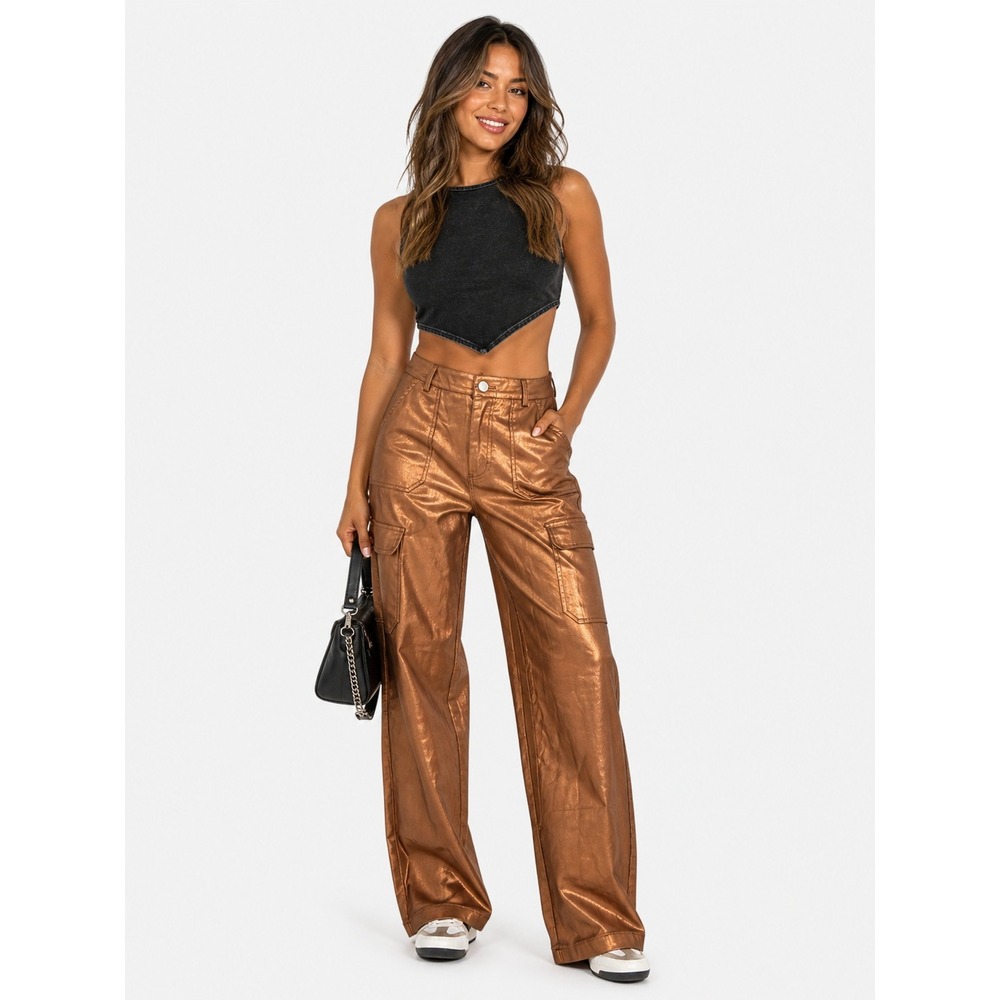 NWT Lizette Collection Metallic Copper Cargo Pants‎ Wide Leg High Rise L